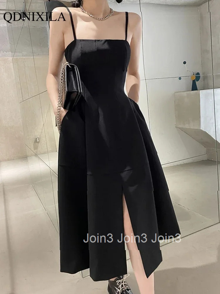 Elegant French Black Spaghetti Strap Dress Audrey Hepburn Style High Waist Slit Midi Dress for Women Sexy Summer Party Outfit