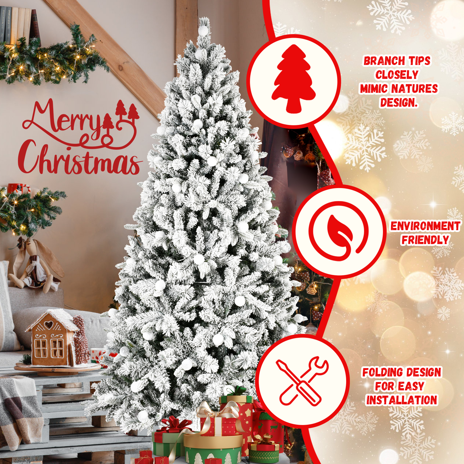 Flocked Christmas tree 7.5ft PE/PVC/Hard needle mixed tree(memory wire+power pole), 1,253+ tips, 400L bi-color led with G45bal