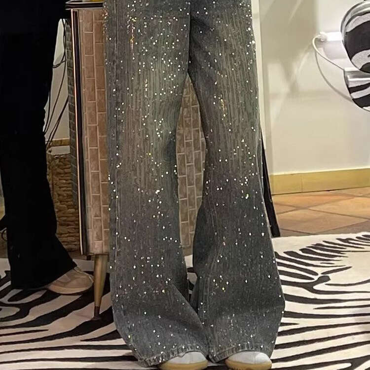 American Heavy Industry Full Rhinestone Patchwork Jeans for Women Y2K High Street Design Sense Niche Straight-Leg Floor-Length Pants