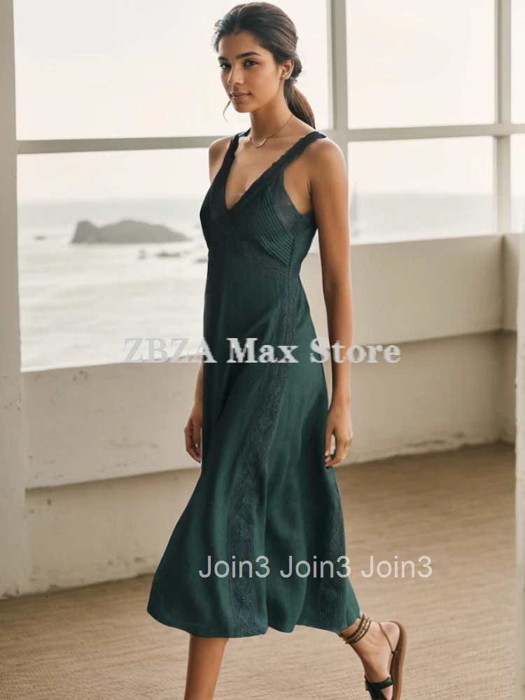 ZBZA Lace Camisole Dress V-neckline Wide Straps Solid Hidden Zipper Sleeveless Backless Elegant A-line Skirt Female Chic Dress