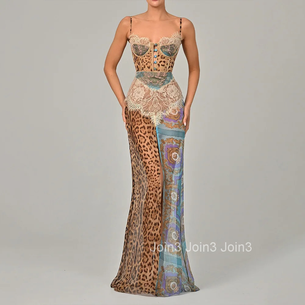 Mozision Leopard Print Lace Split Sexy Maxi Dress Women Gown Elegant Patchwork Chiffon Sleeveless Backless Beach Evening Dress