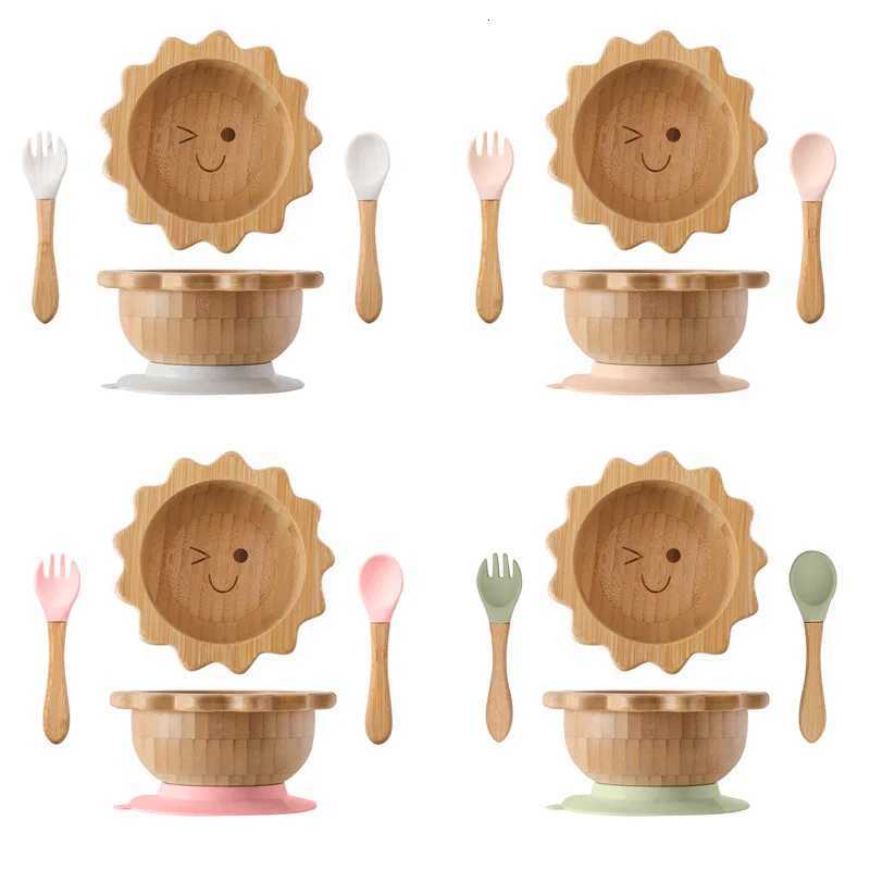 Baby Wooden Tableware Set Sun Bamboo Wooden Plate Bowl Silicone Suction Wooden Handle Fork Spoon for Newborn Feeding Supplies X250806