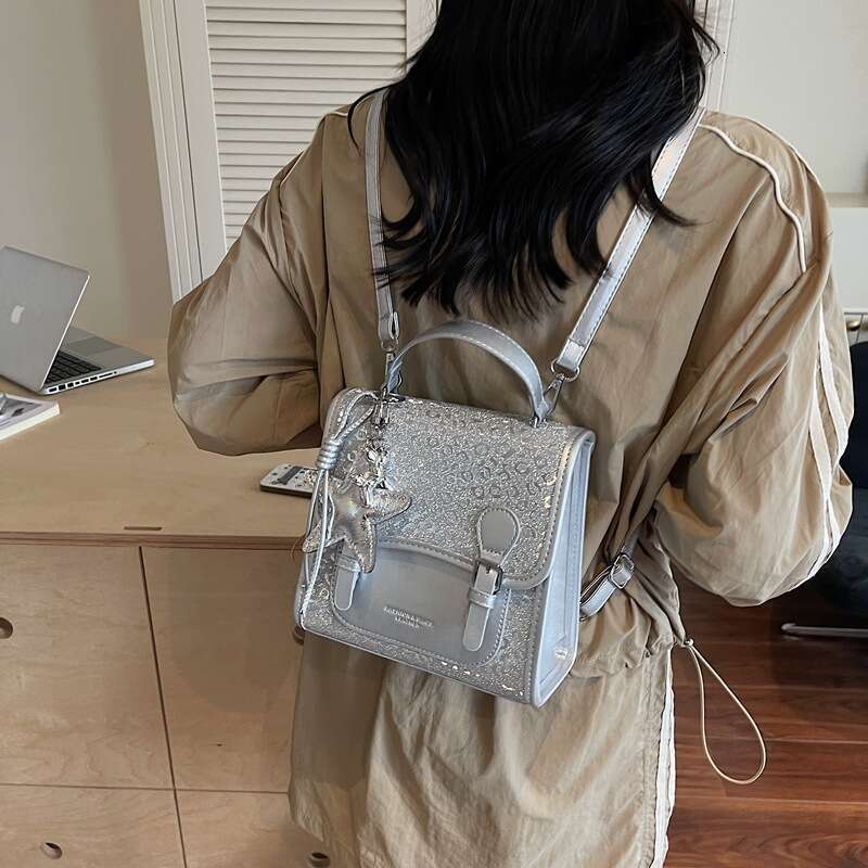 Summer Textured Handbag-Metallic Patterned Backpack with Star Color-Block College Style Women, Small Outdoor Backpack for Women