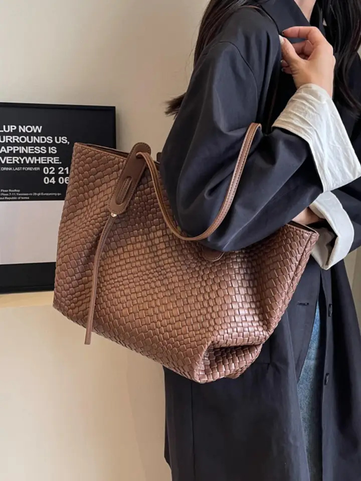 Retro Fashion Classic Solid Color Pu Woven Rhombic Lattice Double Handle Single Shoulder Large Capacity Tote Bag 250806