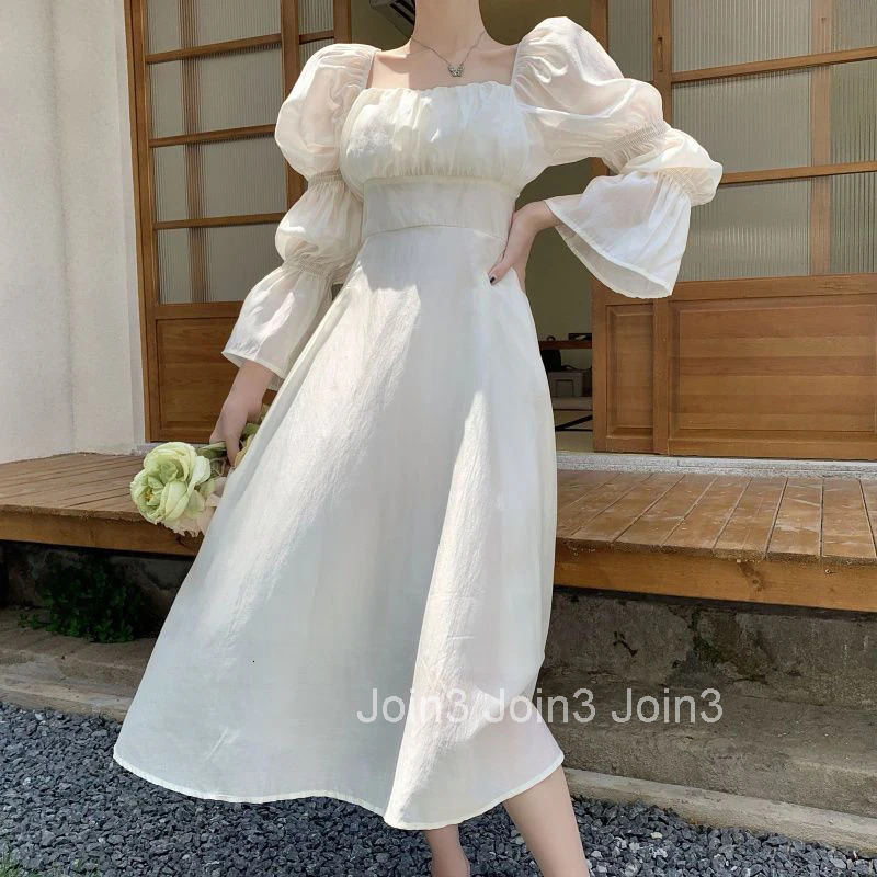 MEXZT Sweet Puff Sleeves Dress Women Long Sleeve Sexy Backless Bow Bandage Dresses White Square Collar Elegant Party Vestidos