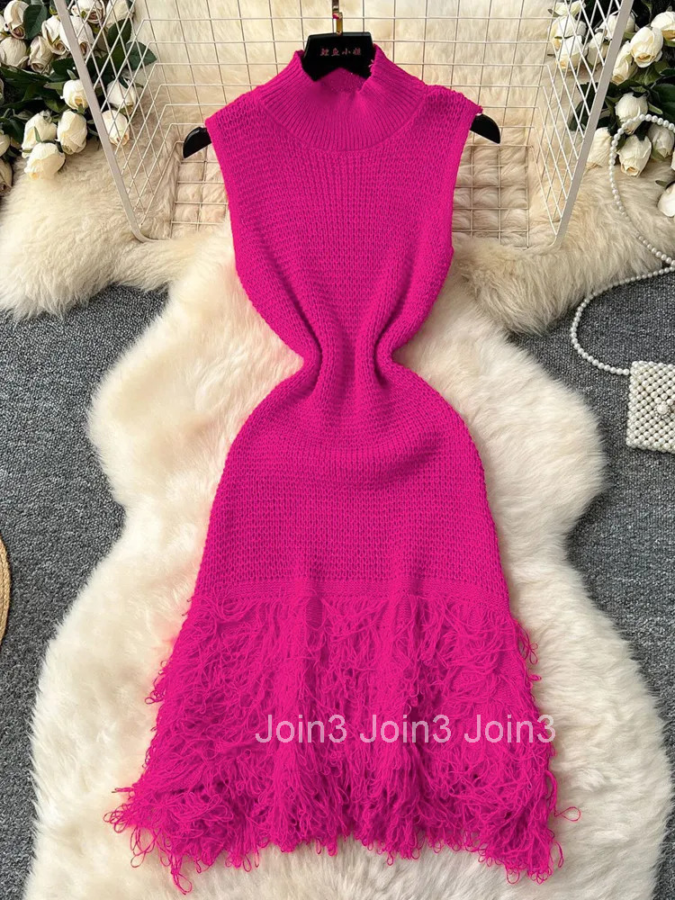 Joskaa Summer Women Elegant Round Neck Sleeveless Tassels Hem Bodycon Mini Knitted Dress Holiday Beach Party Clubwear