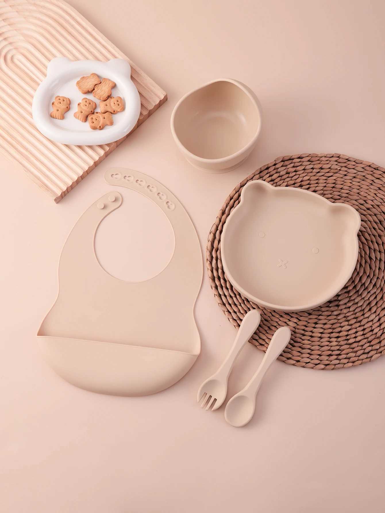 5PCS Bear Silicone Baby Feeding Set Suction Plate Spoon Fork Bib BPA Free Toddler Weaning Essentials Childrens Tableware X250806
