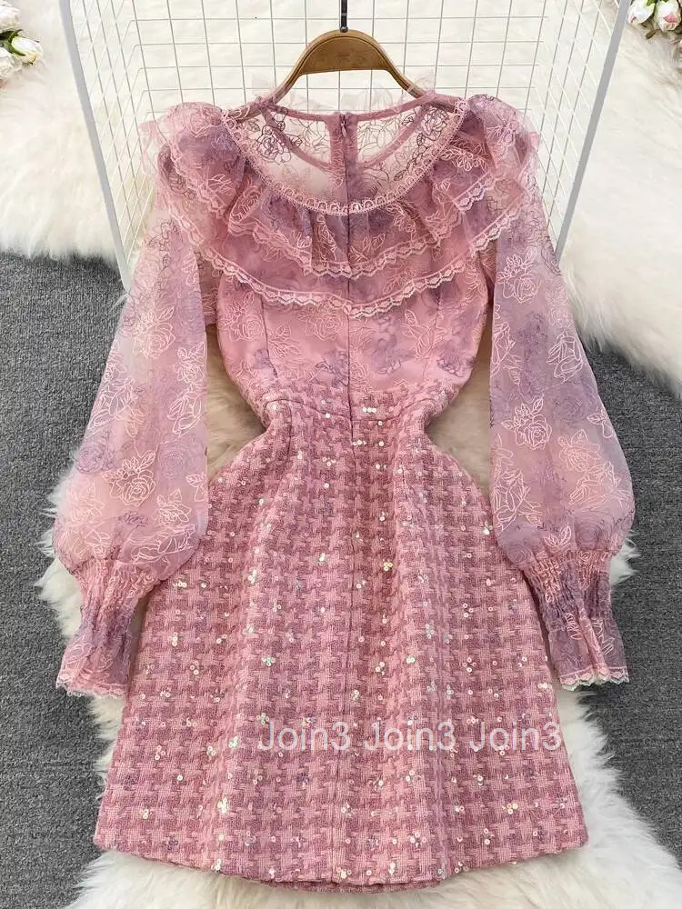 Autumn Luxury Flower Embroidery Mesh Patchwork Sequined Tweed Dress Women Ruffled Petal Sleeve Bow A Line Short Party Dresses