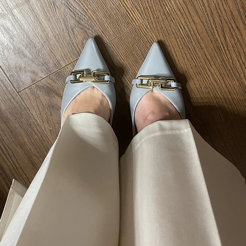 Women 7cm High Heels Pumps Lady Scarpins Fetish Nightclub Blue Nude Low Heels Wedding Party Metal Chain Buckle Fetish Prom Shoes 250731