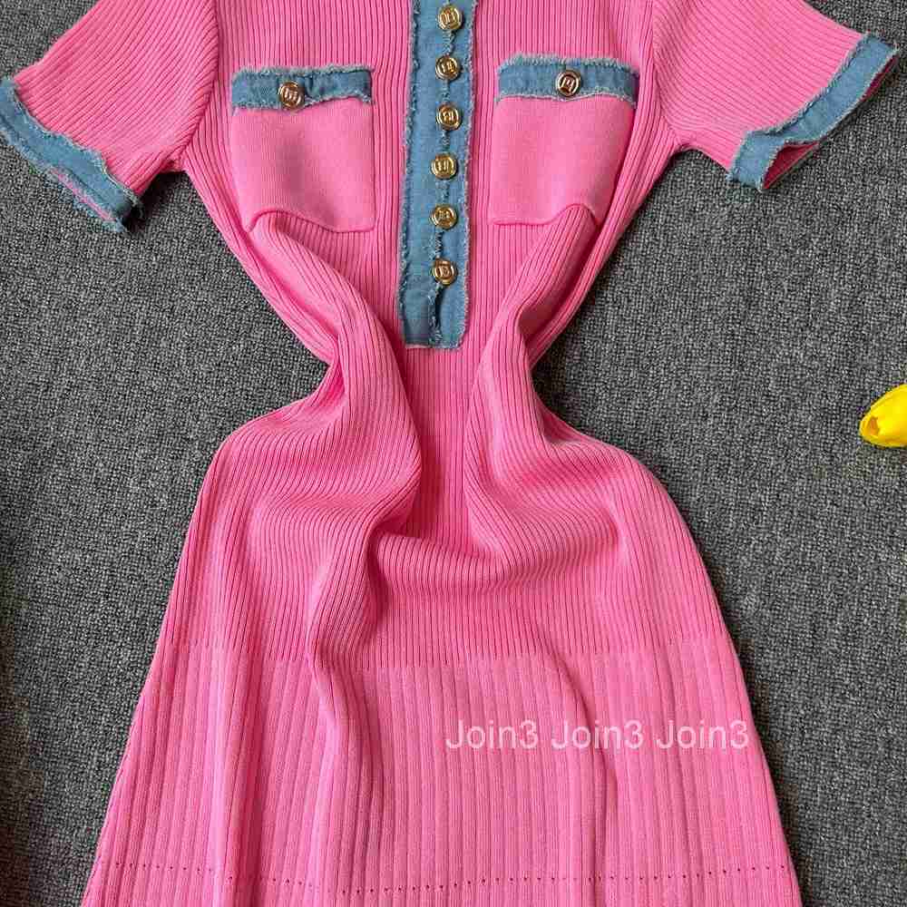 YuooMuoo Brand Fashion Vintage Denim Patchwork O-neck Knit Maxi Dress Casual Oversize Pockets Long Shirt Dress Chic Party Robes