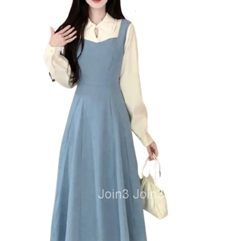 Solid Patchwork Square Neck Long Sleeve Fake Two Pieces Dresses Elegant Fashion Harajuku Female Clothes Casual All Match Skirt