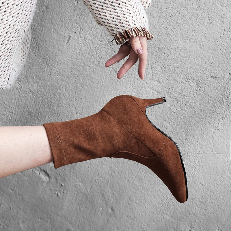 Flock Ankle Boots For Women Spring Shoes Black Gray Short Socks Boot Autumn Fashion Heels Party Dance Shoes Ladies Large Size 250805