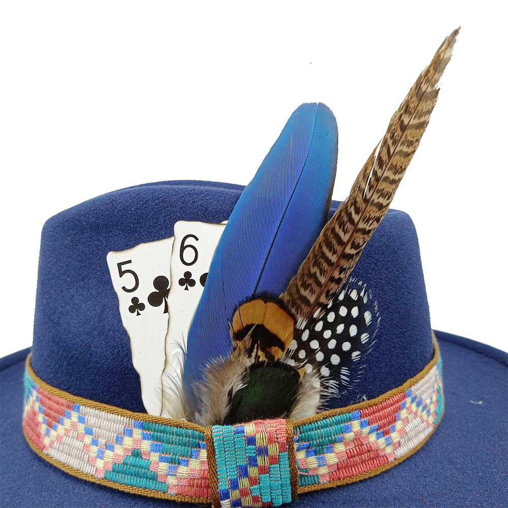 Feather Fedoras Hat Mens and Womens Black Felt Wide Brim Jazz Hat Gentlemens Hat Plum Blossom 8 Poker Card n Fedora Hat 240919