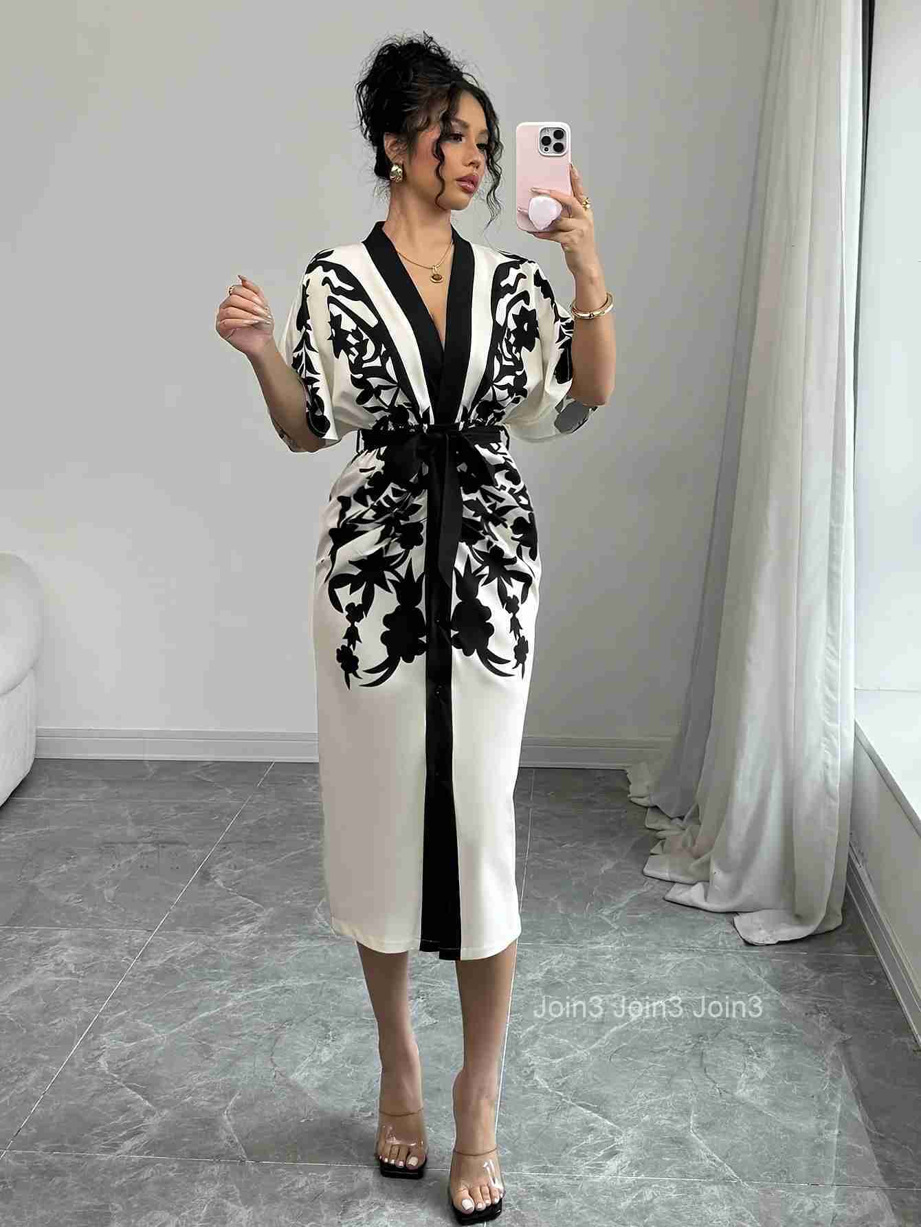 Lemongor Womens Elegant V-Neck A-line Party Dresses New Half Sleeves Flower Printed Tied Waist Urban Office Midi Dress