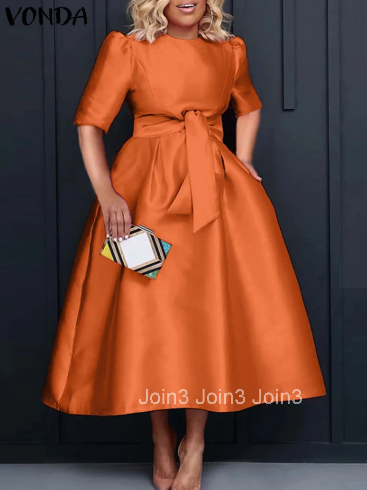 VONDA Elegant Women Satin Short Sleeve Midi Dress Summer Vestidos Casual Belted Loose Solid Color Long Sundress Oversized