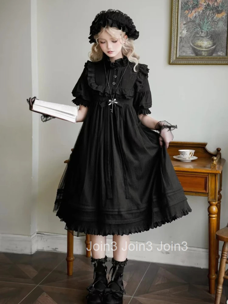 Classical Gothic Lolita Dress Black Loose Puff Sleeve Dresses Women Summer Darkly Retro Sweet Clothing Fashion New Elegant Dress