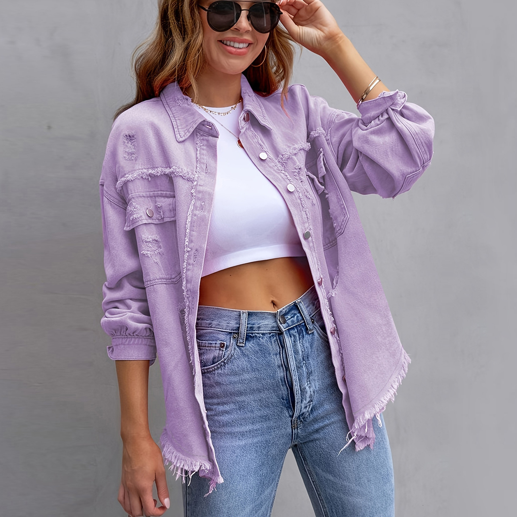 New Women's Jacket Solid Color Loose Fit Ripped Long Sleeve Denim Shirt
