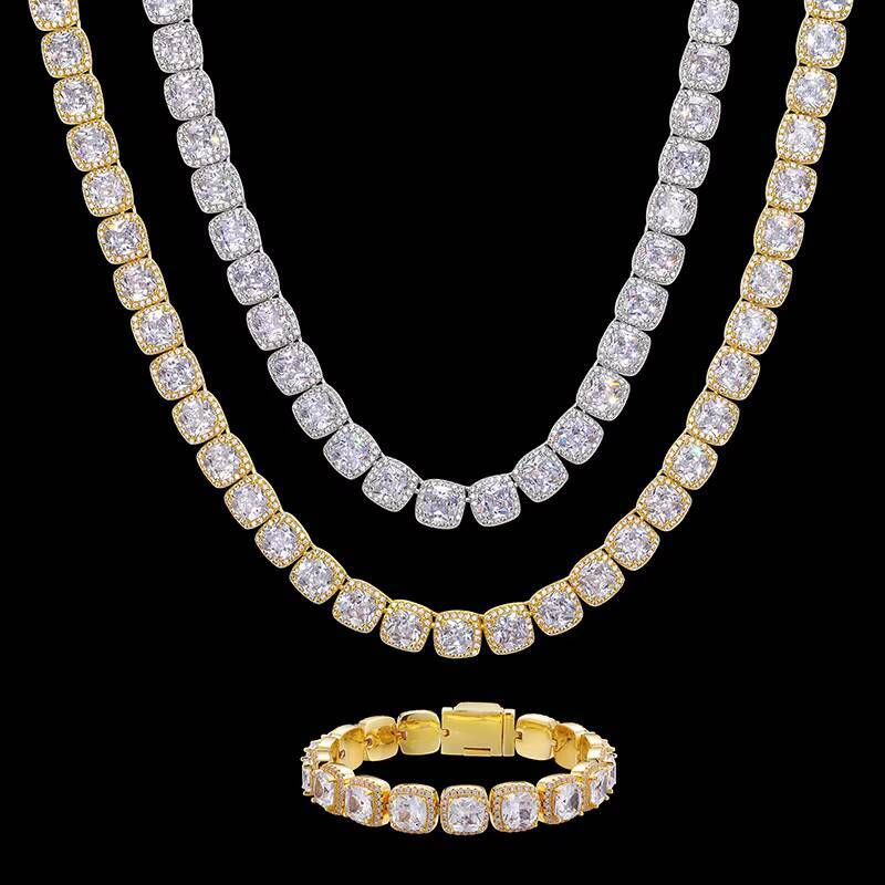 Hip Hop Jewelry Mens Pink Style 11mm Gold Plated Sterling Silver Cushion Cut VVS Moissanite Diamond Tennis Chain Necklace