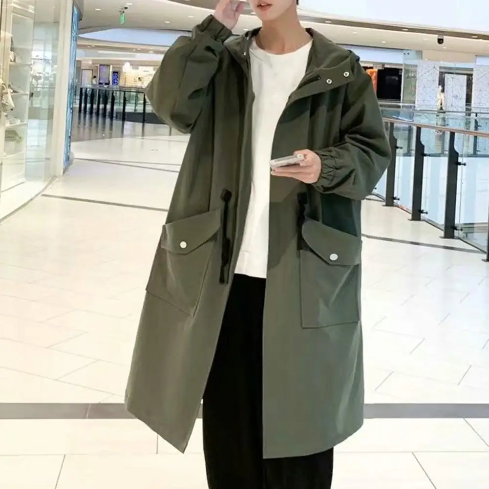 Zippered Long-sleeve Coat for Men Streetwear Mens Trench Coat with Hood Mid-length Big Pockets Windproof Anti-wrinkle Zipper 250805