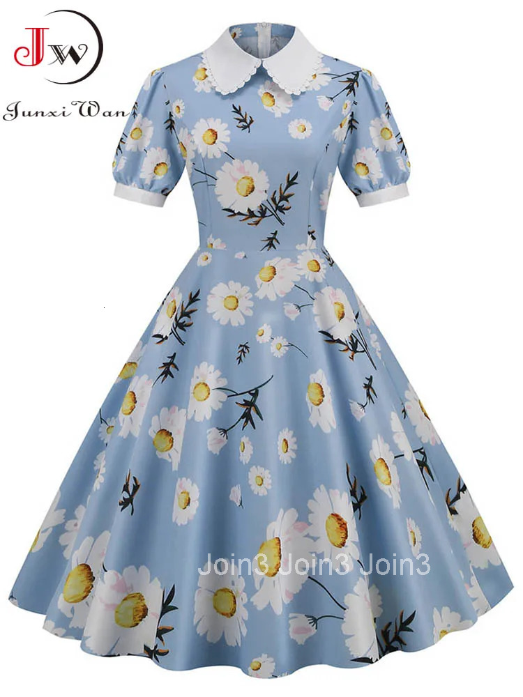 Floral Printed Summer Dress for Women Peter Pan Collar Elegant Vintage Midi Sundress Casual Party Dress with Puff Short Sleeves