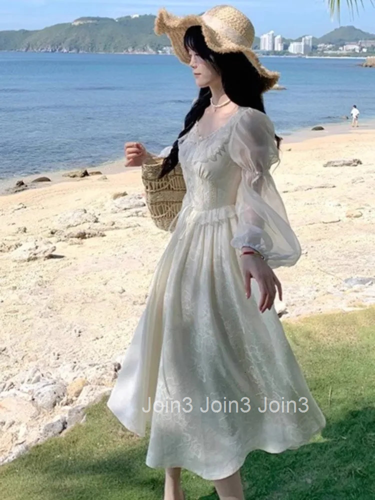 Autumn Elegant Korean Jacquard Fairy Dress Vintage Court Style Lantern Sleeve Princess Party White Dresses Bandage Vestidos