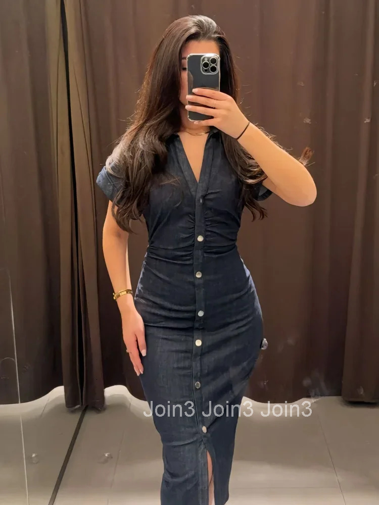 Elegant Single Breasted Blue Denim Midi Dress For Woman Spring New V Neck Short Sleeved Wrapped Hip Dresses Chic Lady Streetwear