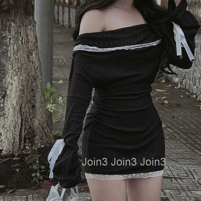 Strapless Sexy Black Dress Women Spring Off Shoulder Long Sleeves Lace Knitting Bandage Mini Dresses Slim Elegant Lady Clothing