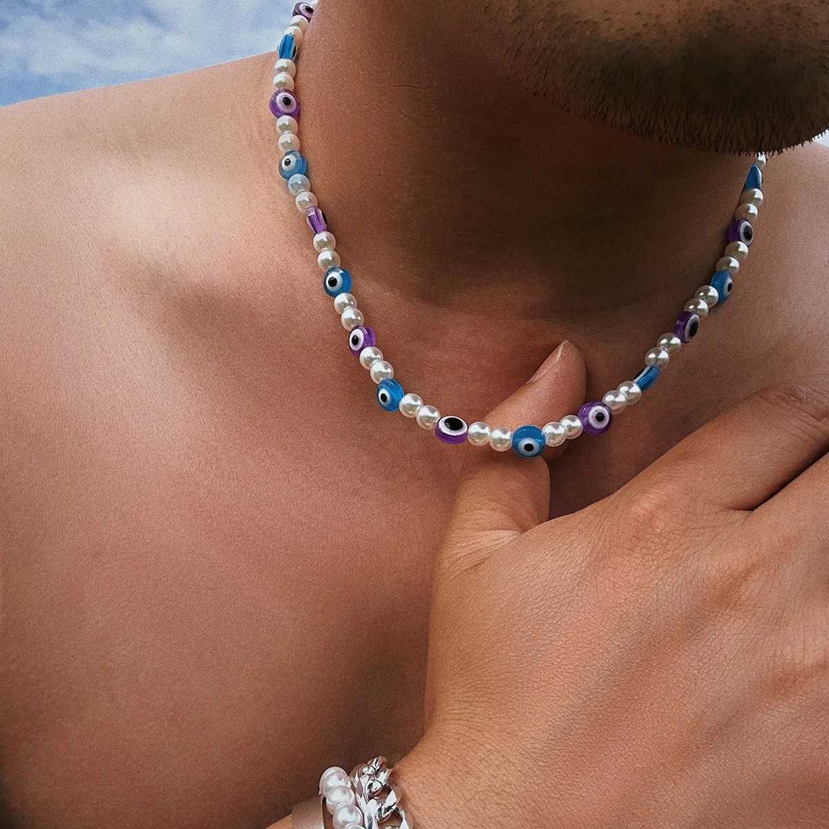 KUNJOE Bohemian Colorful Evil Eyes Beaded Chokers Necklaces for Men Women Ounk Imitation Pearl Clavicle Chain Necklace Y2K Y250805