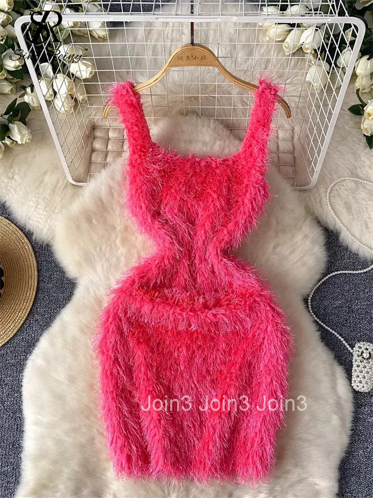 American Sexy Wool Slim Dress Women Spaghetti Strap Square Neck Ins Bodycon Basic High Quality Club Fashion Dress