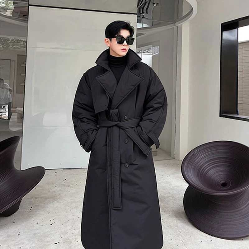 Fashionable Down Cotton-Padded Jacket Mens Trendy Winter Thickened Warm High-End Lace-Up Long Overknee Long Sleeve Coats W250806