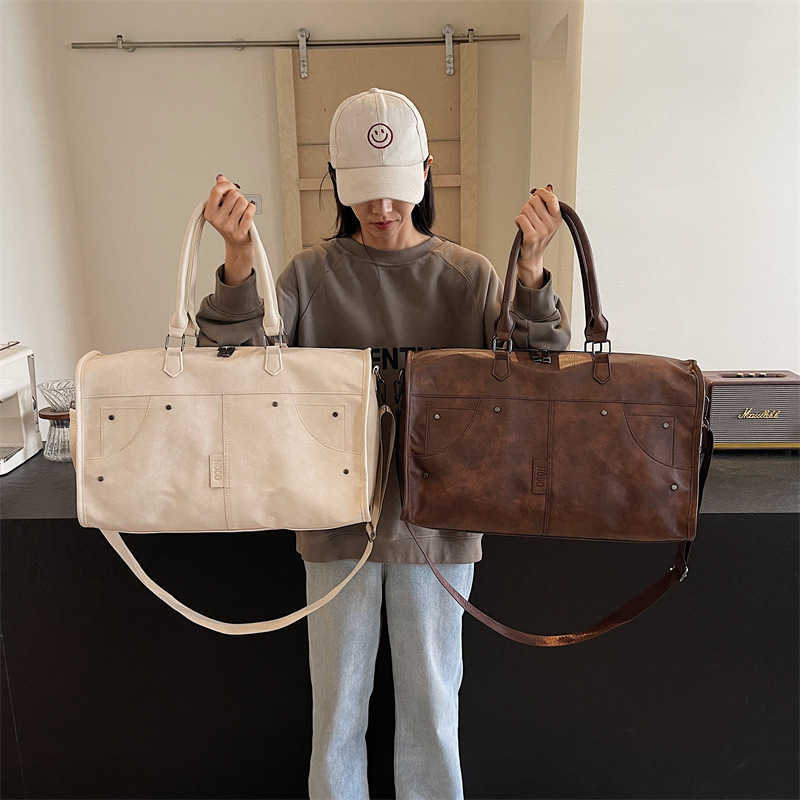 Pu Leather Travel Bag Cylinder Waterproof Handbag Large Capacity Airplane Luggage Bag Sports Fitness Bag 250815