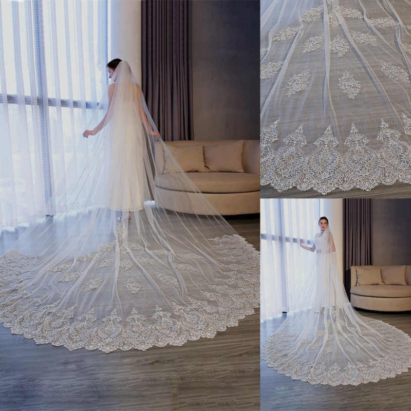 Modern Customized Bridal Veils Women Cathedral Length One Layer Soft Tulle Appliqued Wedding Marriage Accessories
