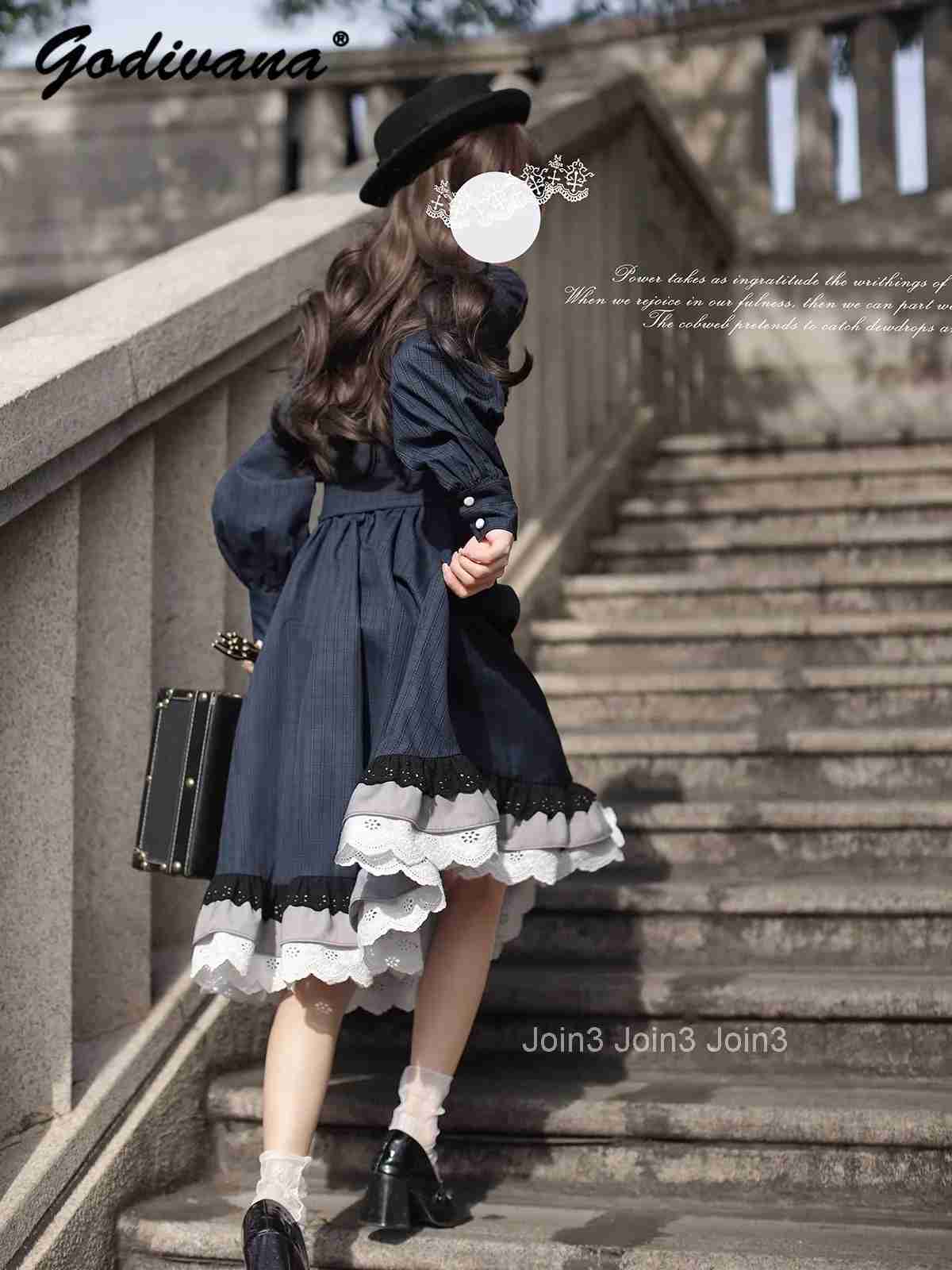 New Autumn Ladies Elegant Retro Navy Blue Plaid Long Sleeve Dress Original Design Womens Slim Calf-length Dresses