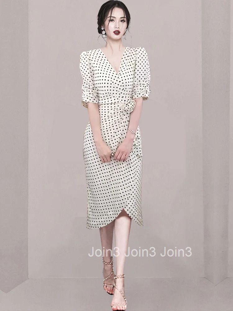 Elegant Party Dress Summer V-Neck Half Puff Sleeves High Waist Line Bow Decoration Polka Dots Women Temperament Dress