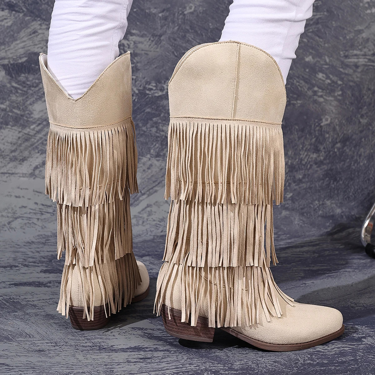 Three-layer tassel round head thick heel fashionable and versatile western cowboy European and American high top womens boots 250805