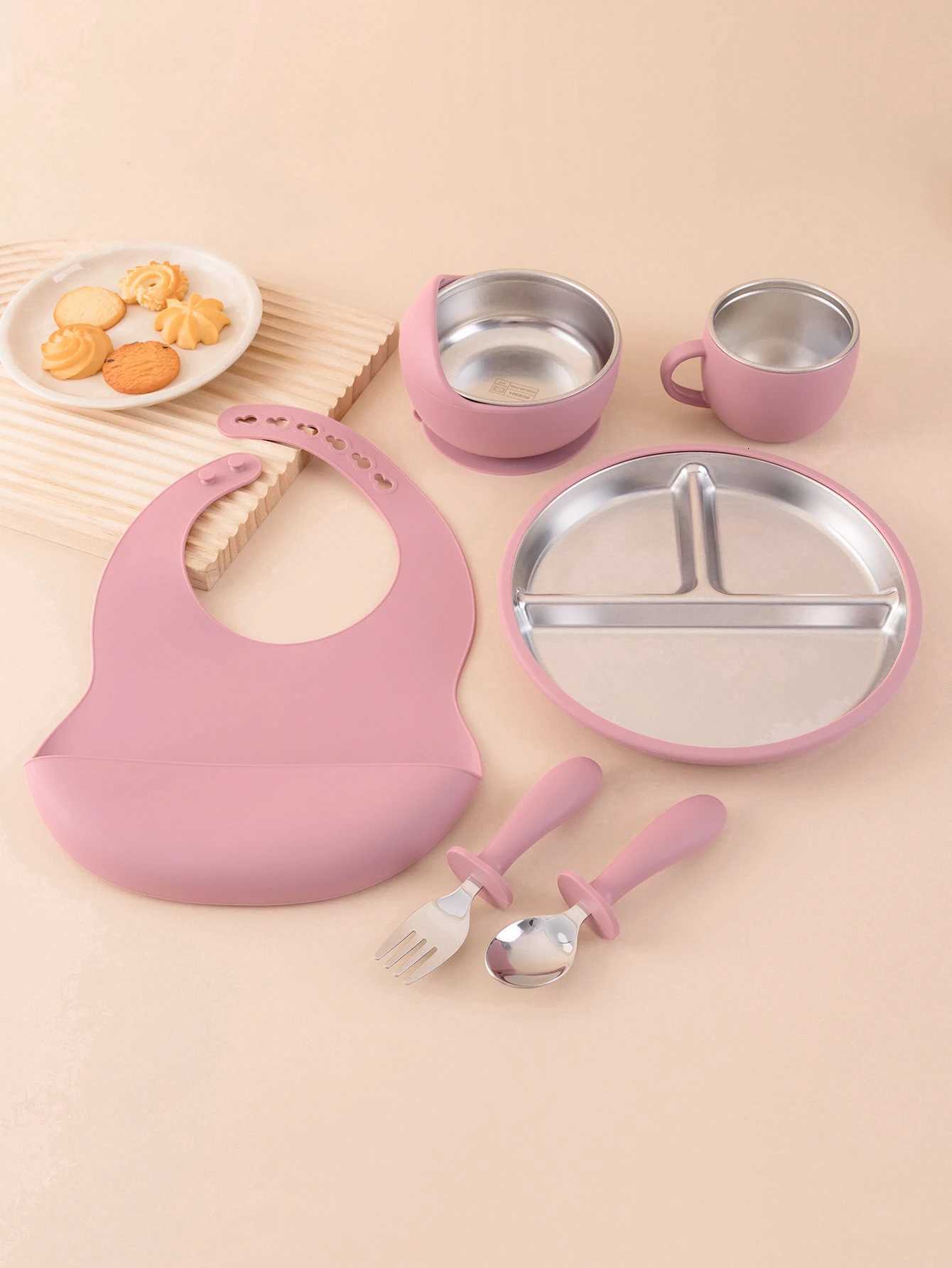 6PCS Stainless Steel Detachable Dishes Plate Baby Feeding Set BPA Free Silicone Bowl Cup Fork Spoon For Infant Training Gifts X250806
