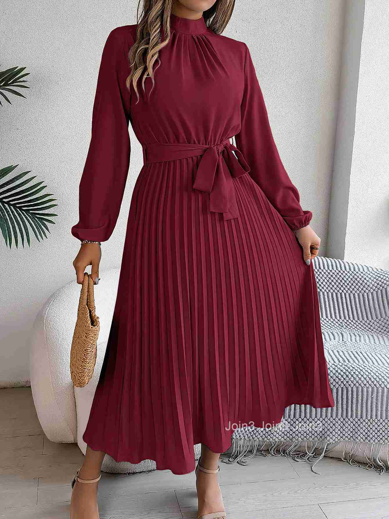 Elegant Womens Solid Color Pleated Lace Up Autumn And Winter Dresses Fashionable Womens Standing Collar Long Sleeved Dress