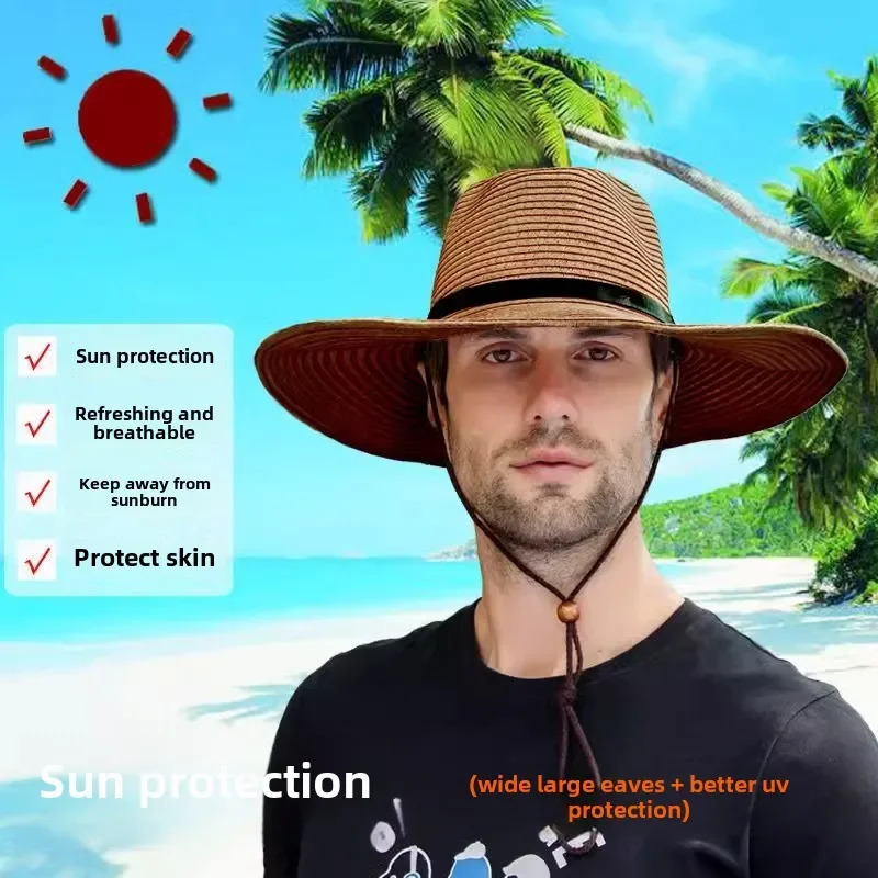 Foldable Jazz Straw Hat for Men and Women Summer Beach Strap Sunscreen Outdoor Sports Sun Hat Big Brim Woven Straw Hat 250805