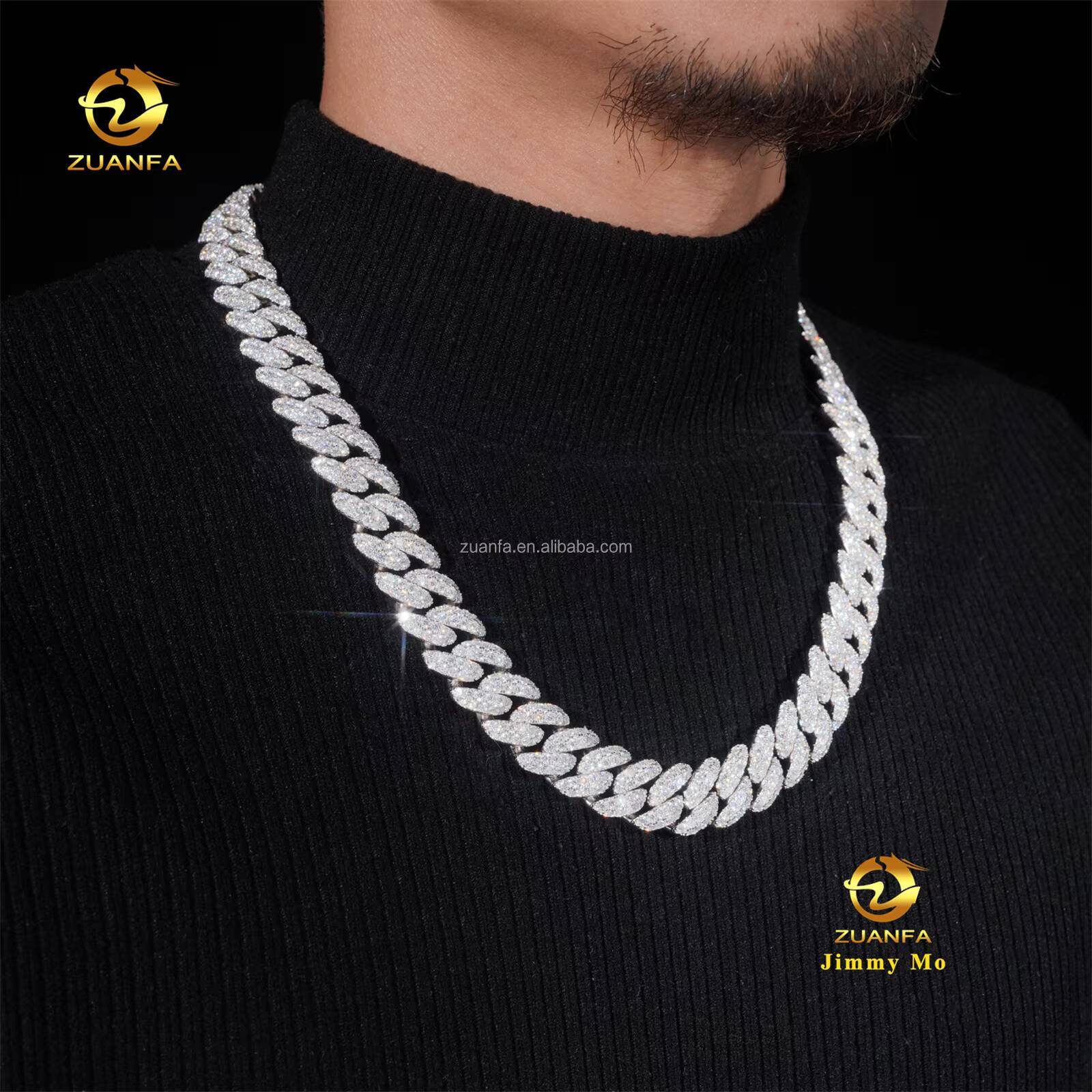 Customized Luxury Rapper Jewelry 16mm Prong Setting GRA 925 Silver Iced Out Hip Hop Moissanite Diamond Miami Cuban Link Chain