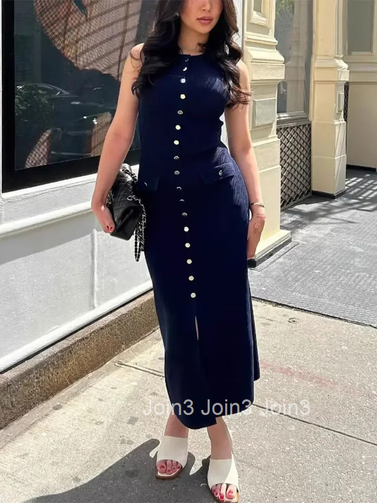 New Women Chic Fashion With Golden Buttons Knitted Midi Dress O Neck Sleeveless Female Dresses Vestidos Mujer