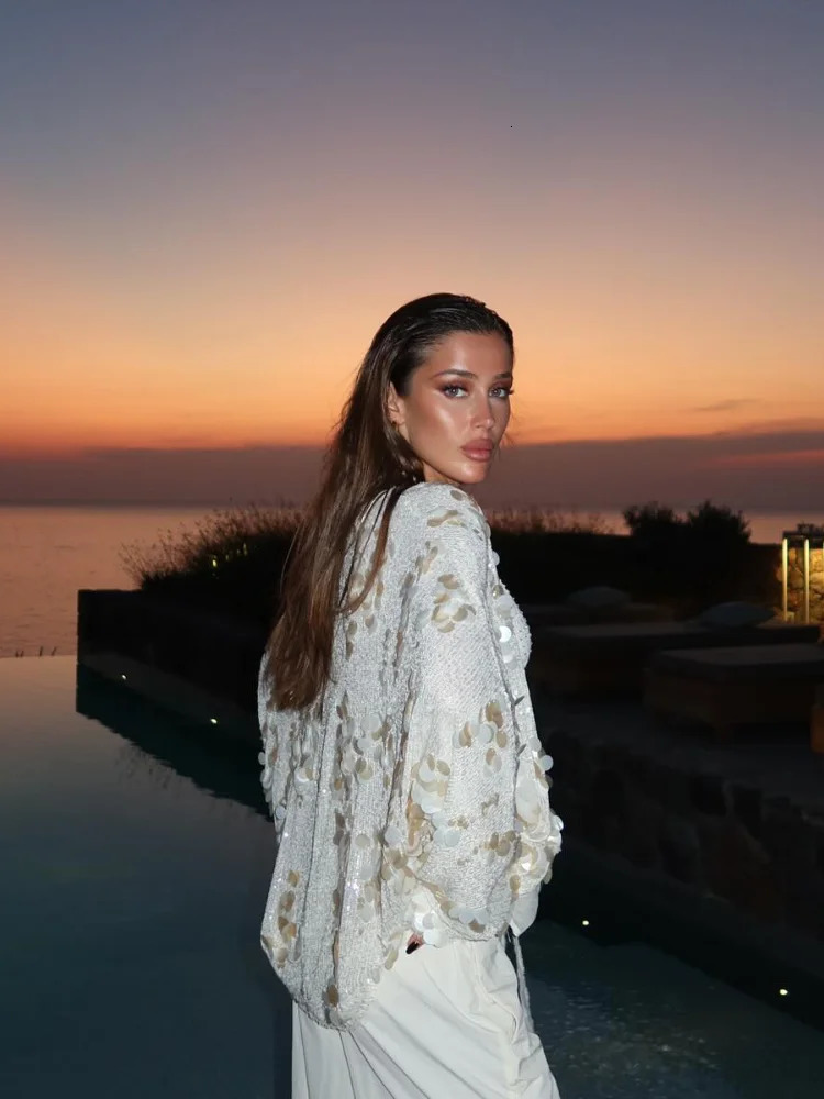 Elegant White Sequins Patchwork Lace-up Shirt For Women Long Sleeve V-neck Loose Short Coats Autumn Winter Street Partywear 250804