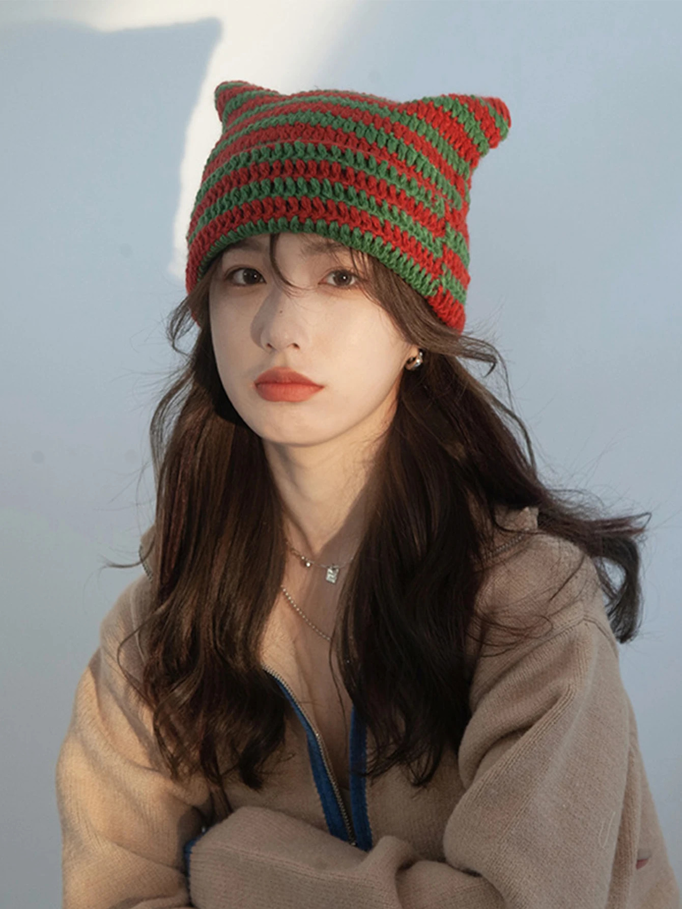 Cute Cat Ears Beanie Hats for Women Winter Striped Korean Punk Gothic Y2K Wool Knitted Streetwear Handmade Crochet Bucket Cap 250806