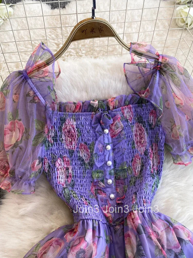 Summer Women Floral Mesh Midi Dress Sweet Square Collar Short Puff Sleeve Ruffle Vestidos Female Elegant Purple/Green/Red Robe