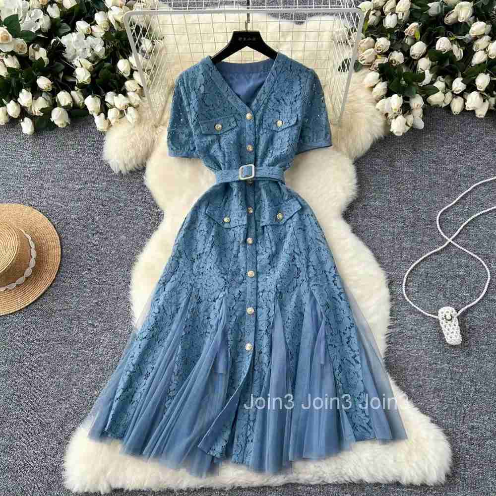 French v neck mesh PATCHWORK lace ruffle dress womens summer waist Single Breasted sweet dresses