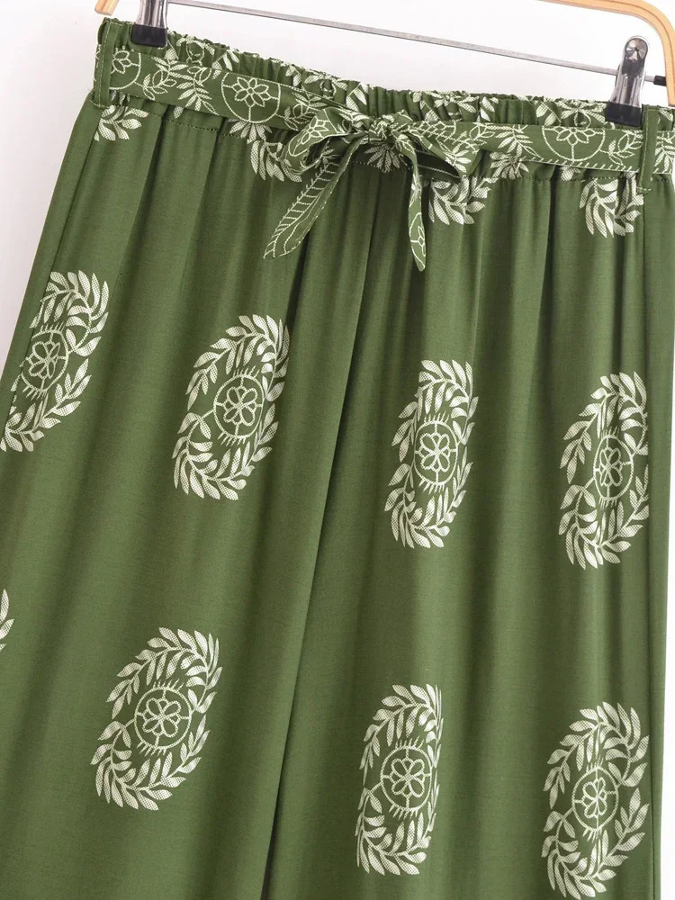 Vintage Chic Women Green Floral Bohemian Wide Leg Pants Lady Elastic Waist Loose Vacation Boho Long Pants Oversize Trousers 250806