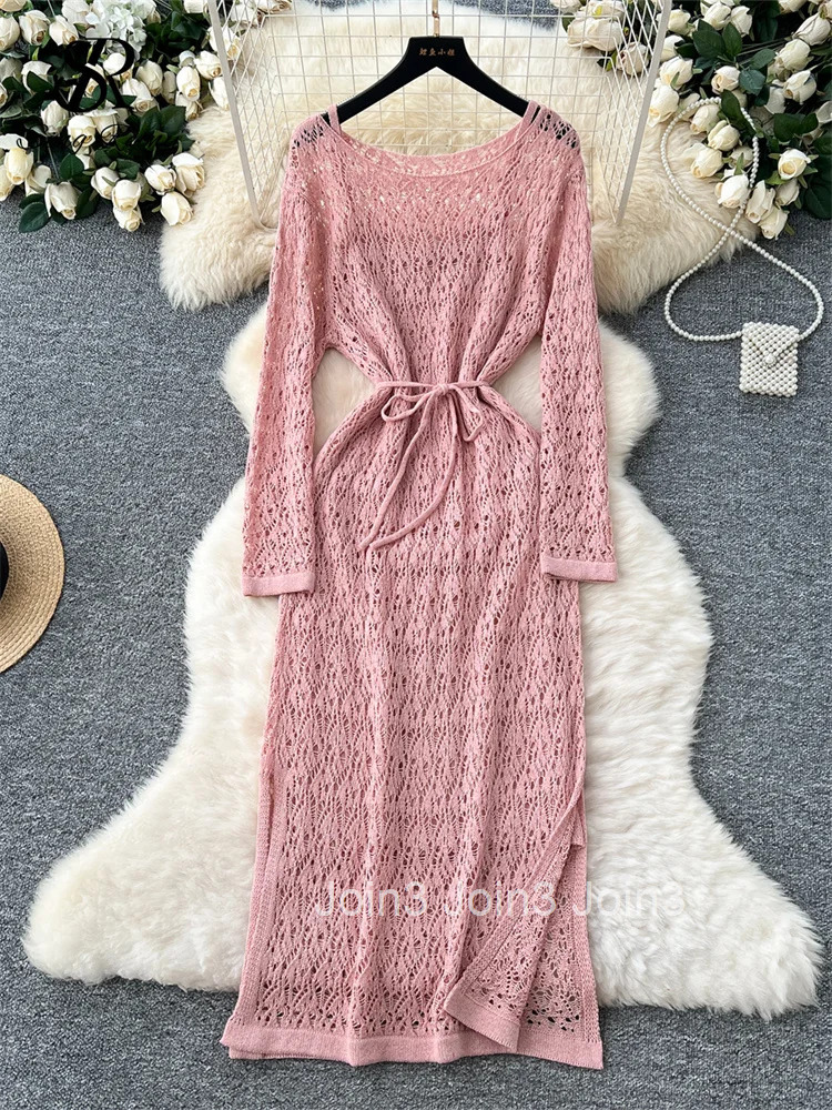 Summer Beachwear Knitting Dress Sets Female Long Sleeves Lace Up Hollow Out Dress+High Elastic Loose Homewear Sundress