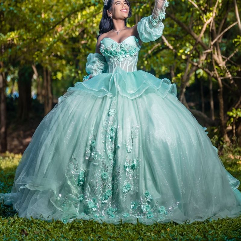 Green Shiny Quinceanera Dresses Off The Shoulder Applique Flower Beading Tull Ball Gown Vestidos De 15 Anos Sweet 16 Dress