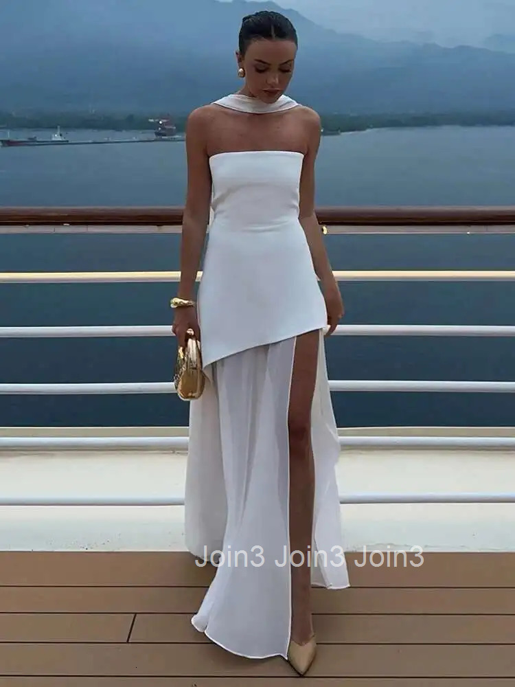 Mozision Elegant Strapless Sexy Maxi Dress For Women Gown With Scarf Off-shoulder Sleeveless Backless Split Beach Long Dress