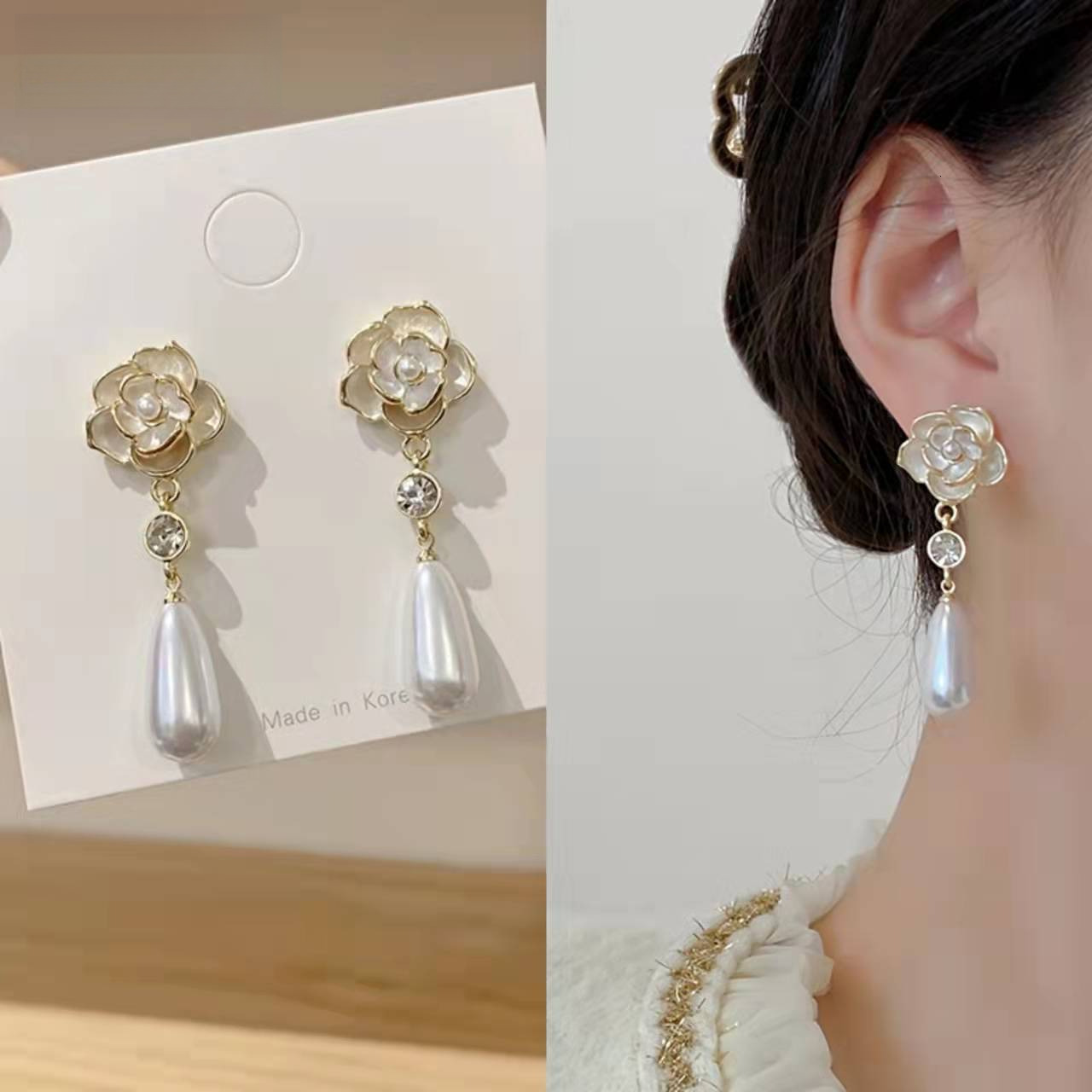 Free Shipping Designer Luxury Jewelry French Style Gentle Fairy Oil Drop Camellia Water Drop Pearl Earrings Elegant Socialite Style Trendy Ear Accesso