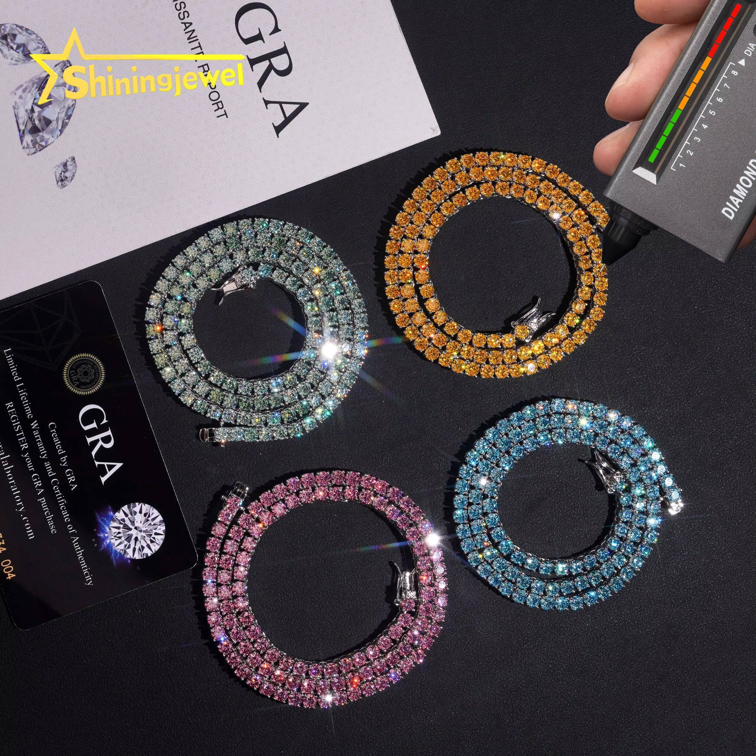 Classic Popular Pink Blue Yellow 925 Sterling Silver Hip Hop Color VVS Moissanite Tennis Chain
